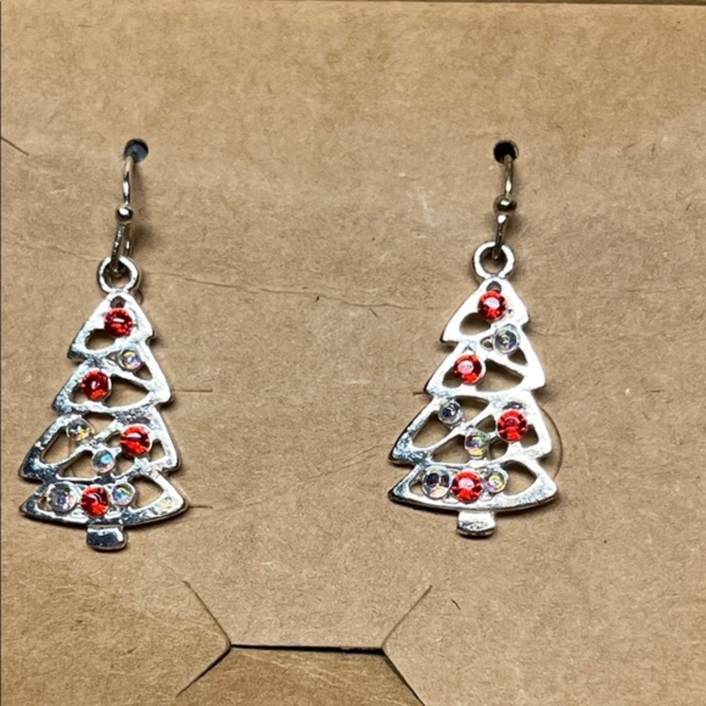 Silver and Red Christmas Tree Earrings